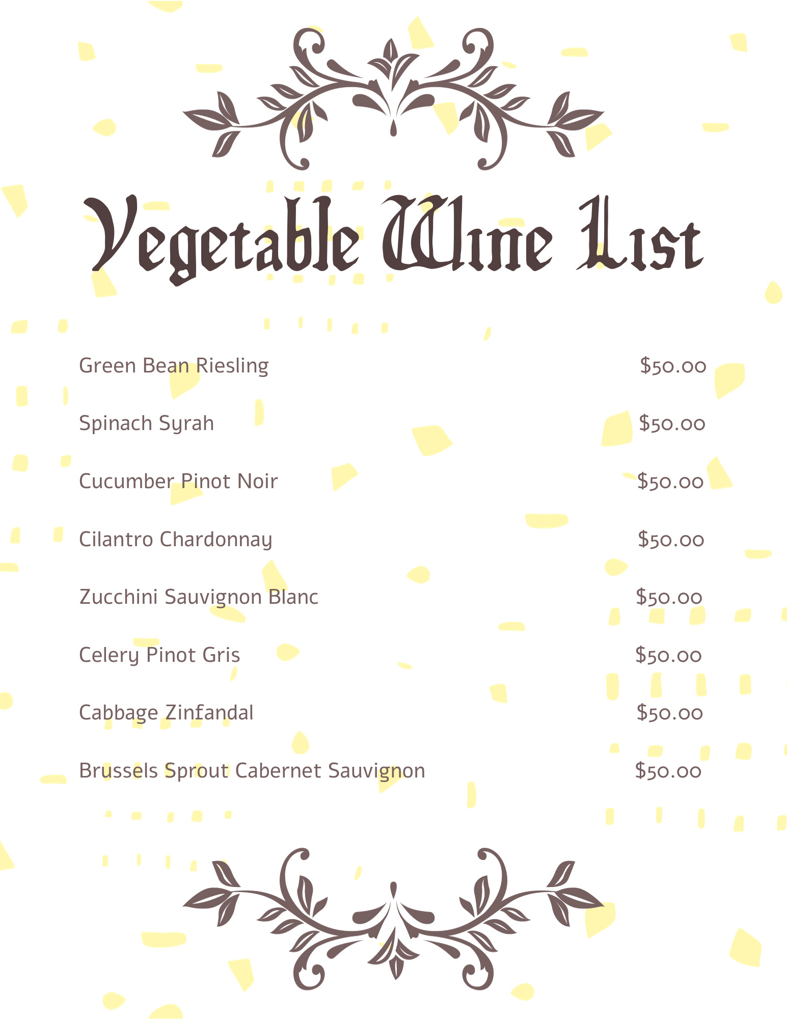 Vegetable Wine List
